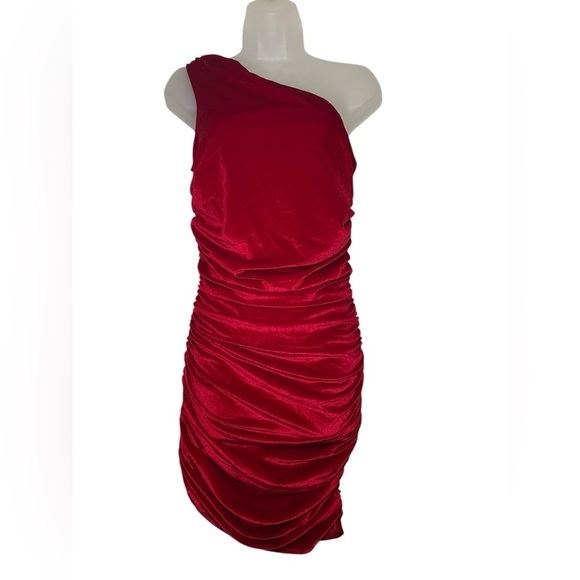 Miscreants Red Velvet One Shoulder Mini Dress w/ Gloves | Size US 6 UK 10 - Picture 2 of 9